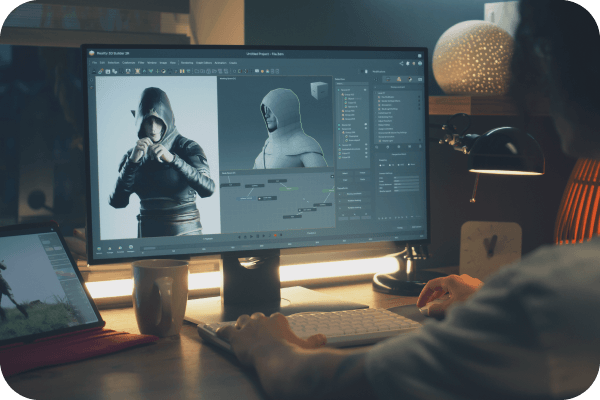 Video game developer working with 3D modeling software.
